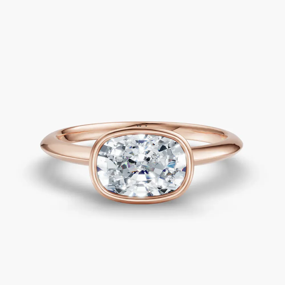 Certified 1 carat Lab Grown Diamond Elongated Cushion Cut Bezel, East-West, Solitaire Engagement Ring in 14K Rose Gold-Galen