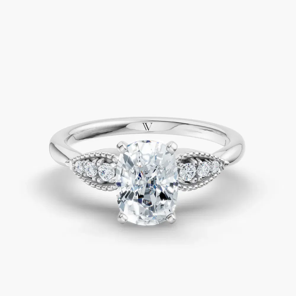 Certified 1 carat Lab Grown Diamond Elongated Cushion Cut Milgrain, Vintage, Side Stone Engagement Ring in 14K White Gold-Yerlin