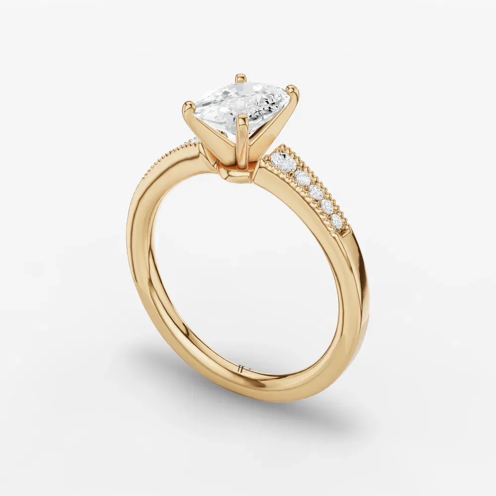 Certified 1 carat Lab Grown Diamond Elongated Cushion Cut Milgrain, Pavé, Side Stone Engagement Ring in 14K Yellow Gold-Rosca