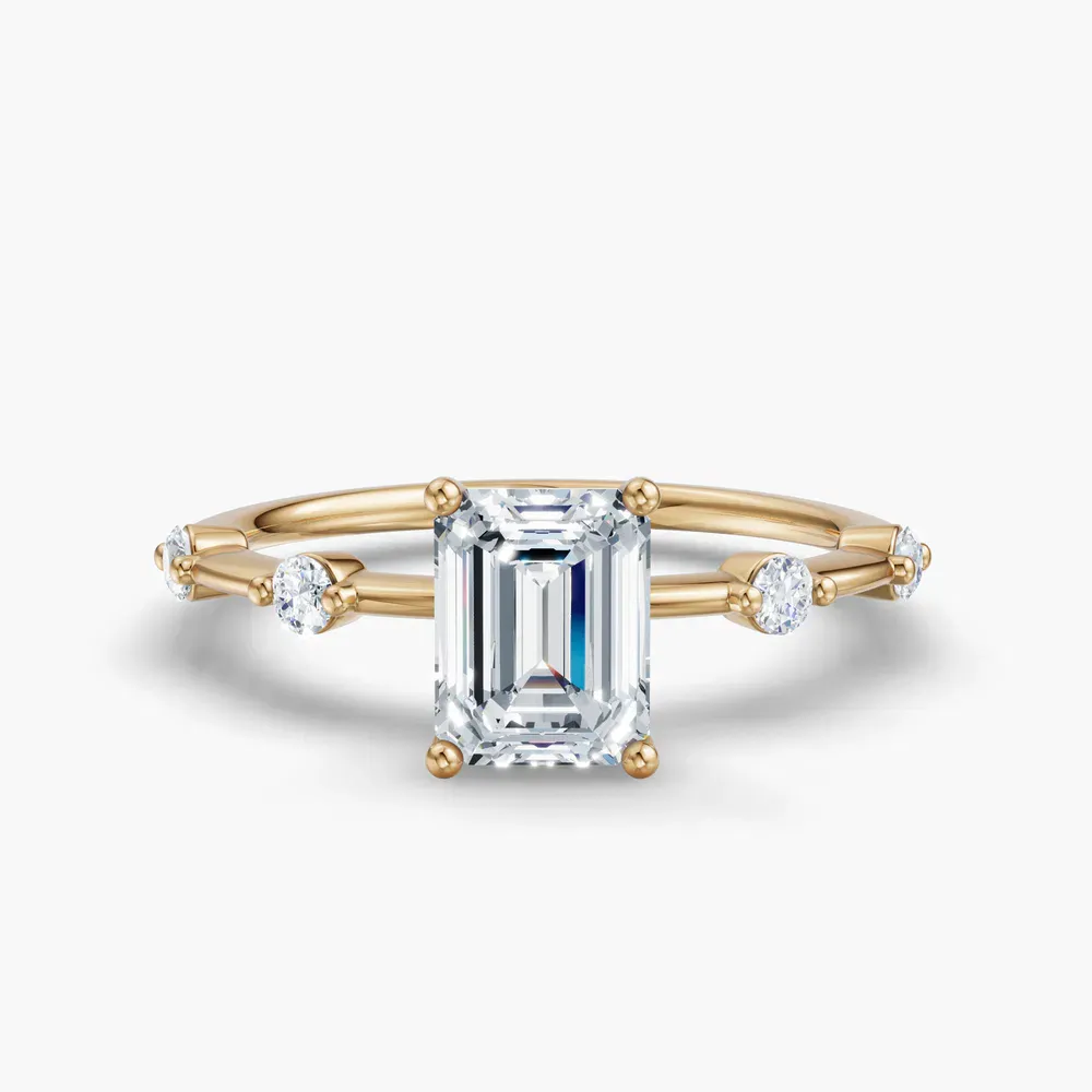 Certified 1 carat Lab Grown Diamond Emerald Cut Low profile, Side Stone Engagement Ring in 14K Yellow Gold-Hriw