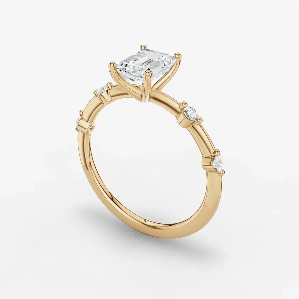 Certified 1 carat Lab Grown Diamond Emerald Cut Low profile, Side Stone Engagement Ring in 14K Yellow Gold-Hriw
