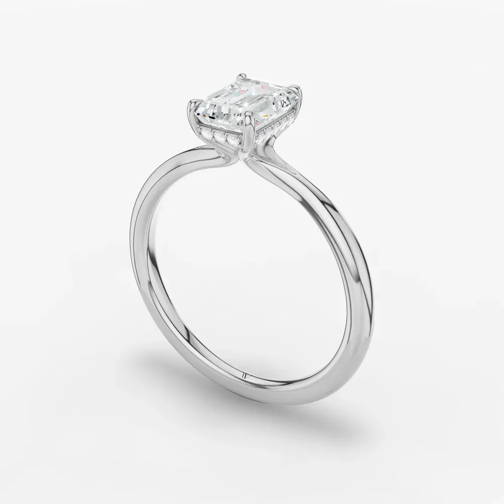 Certified 1 carat Lab Grown Diamond Emerald Cut Hidden Halo, Solitaire, Low profile Engagement Ring in 14K White Gold-Anomis