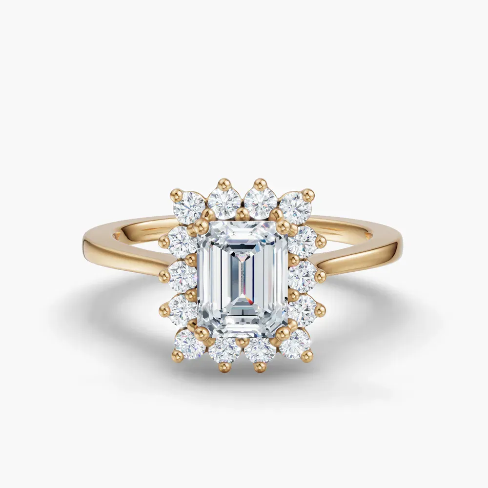 Certified 1 carat Lab Grown Diamond Emerald Cut Cathedral, Halo, Floral Engagement Ring in 14K Yellow Gold-Juncb