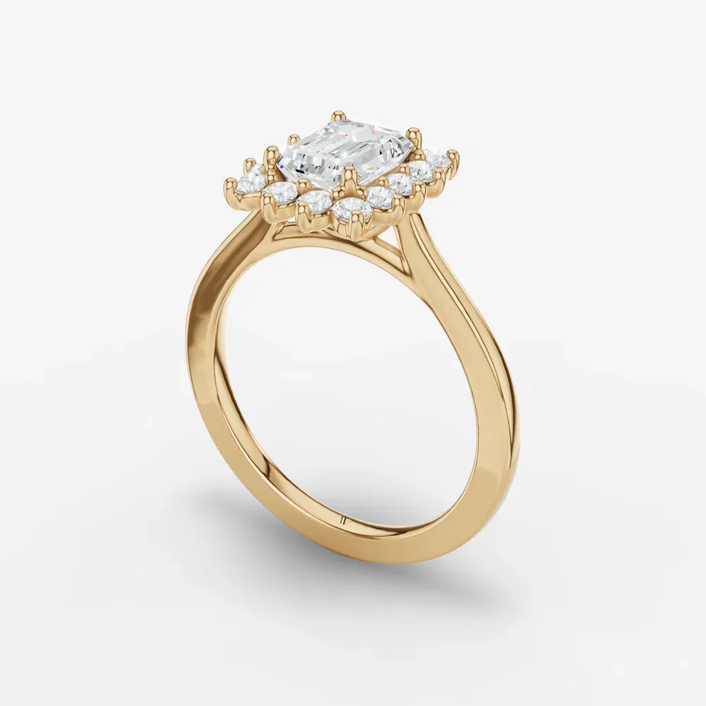 Certified 1 carat Lab Grown Diamond Emerald Cut Cathedral, Halo, Floral Engagement Ring in 14K Yellow Gold-Juncb
