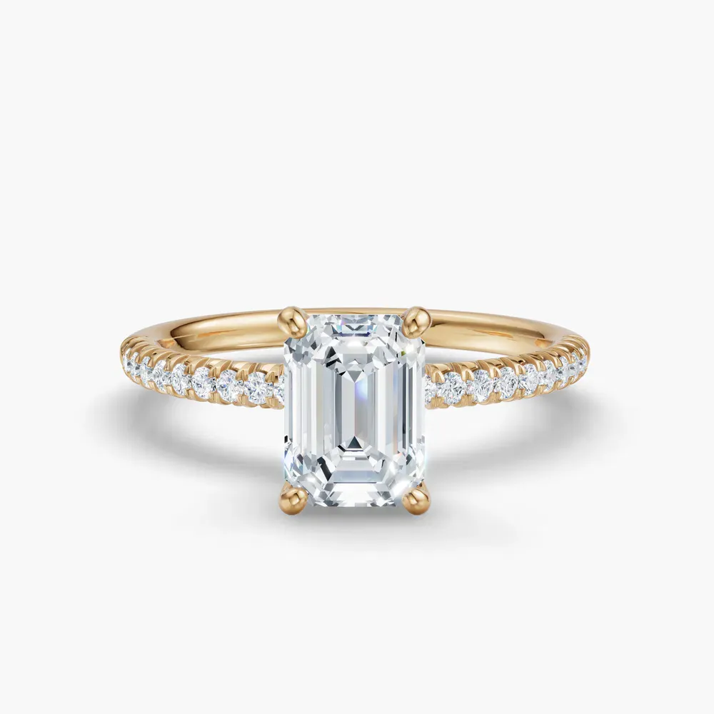 Certified 1 carat Lab Grown Diamond Emerald Cut Pavé, Classic, Simple Engagement Ring in 14K Yellow Gold-Glaciry