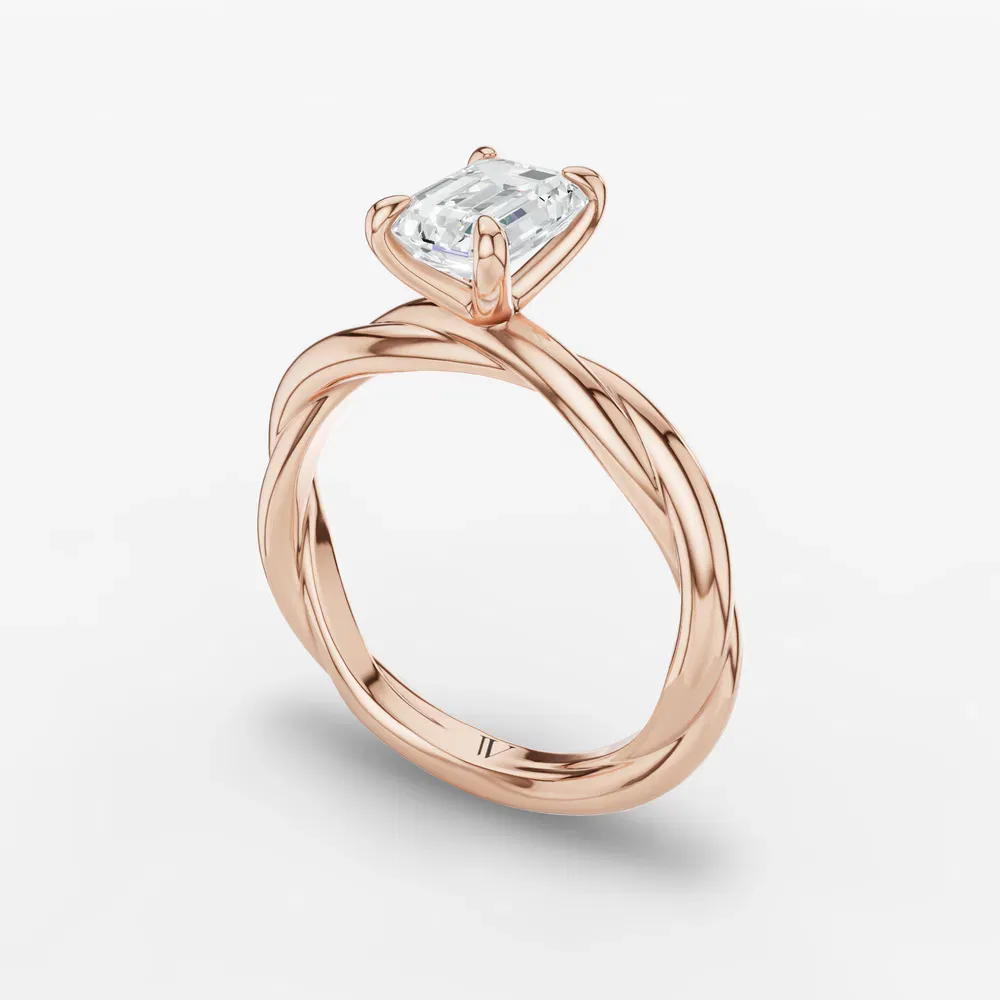 Certified 1 carat Lab Grown Diamond Emerald Cut Solitaire, Twist Engagement Ring in 14K Rose Gold-Fyora