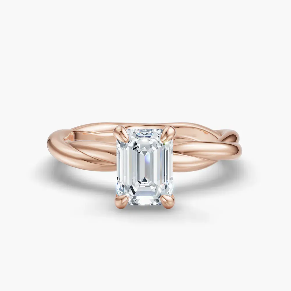 Certified 1 carat Lab Grown Diamond Emerald Cut Solitaire, Twist Engagement Ring in 14K Rose Gold-Fyora