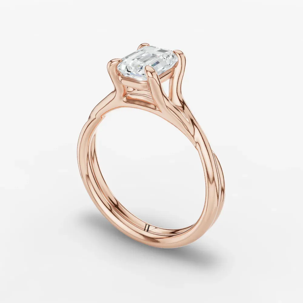 Certified 1 carat Lab Grown Diamond Emerald Cut Solitaire, Twist, Split Shank Engagement Ring in 14K Rose Gold-Iridell