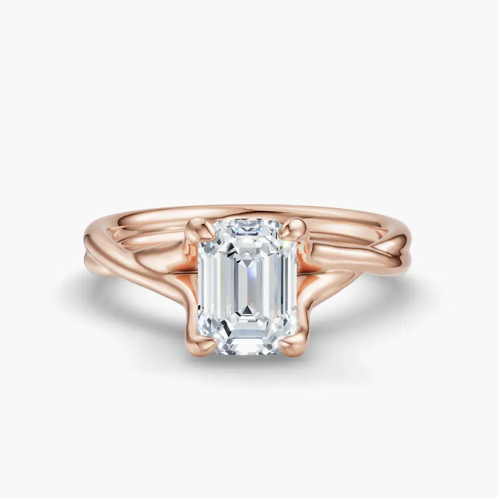 Certified 1 carat Lab Grown Diamond Emerald Cut Solitaire, Twist, Split Shank Engagement Ring in 14K Rose Gold-Iridell