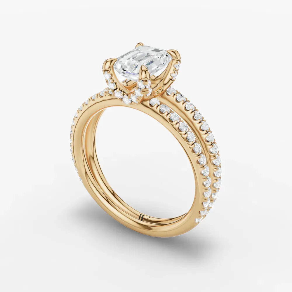 Certified 1 carat Lab Grown Diamond Emerald Cut Pavé, Split Shank, Hidden Halo Engagement Ring in 14K Yellow Gold-Soren