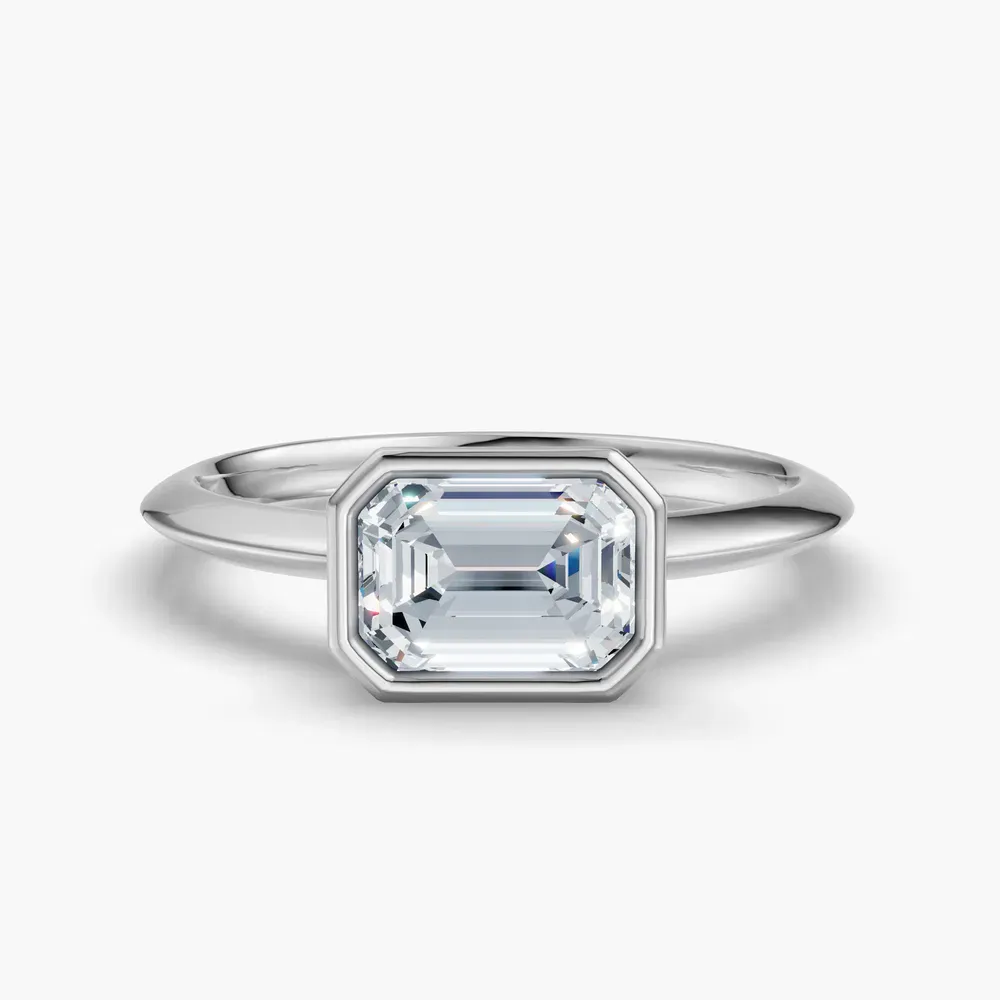 Certified 1 carat Lab Grown Diamond Emerald Cut Bezel, East-West, Solitaire Engagement Ring in 14K White Gold-Galen