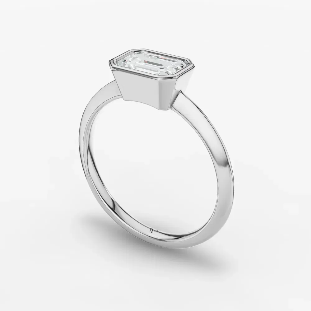 Certified 1 carat Lab Grown Diamond Emerald Cut Bezel, East-West, Solitaire Engagement Ring in 14K White Gold-Galen