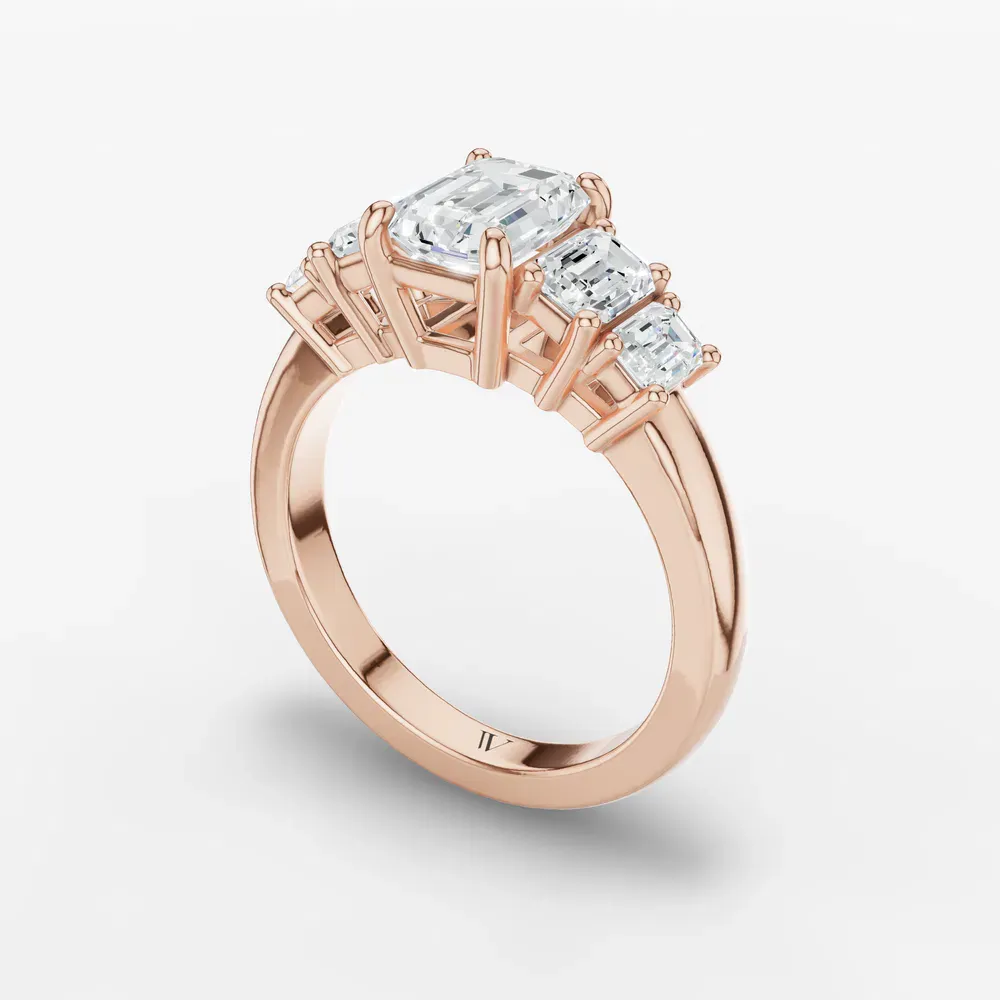 Certified 1 carat Lab Grown Diamond Emerald Cut Five Stone, Side Stone Engagement Ring in 14K Rose Gold-Osvh