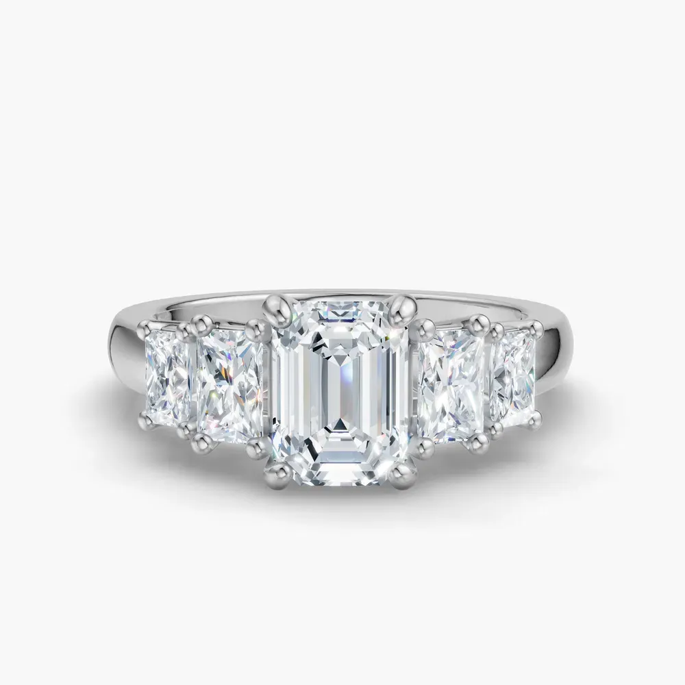 Certified 1 carat Lab Grown Diamond Emerald Cut Five Stone, Side Stone Engagement Ring in 14K White Gold-Velaris