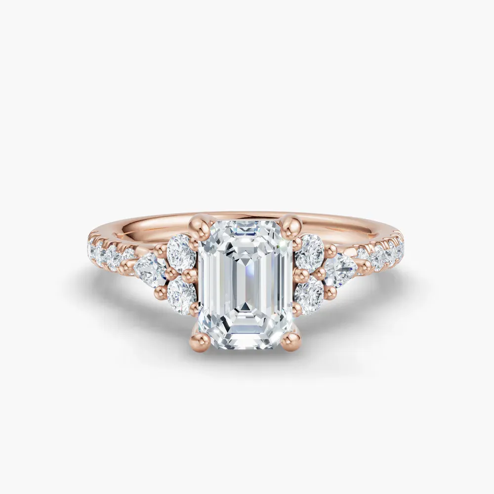 Certified 1 carat Lab Grown Diamond Emerald Cut Pavé, Side Stone Engagement Ring in 14K Rose Gold-Tarne