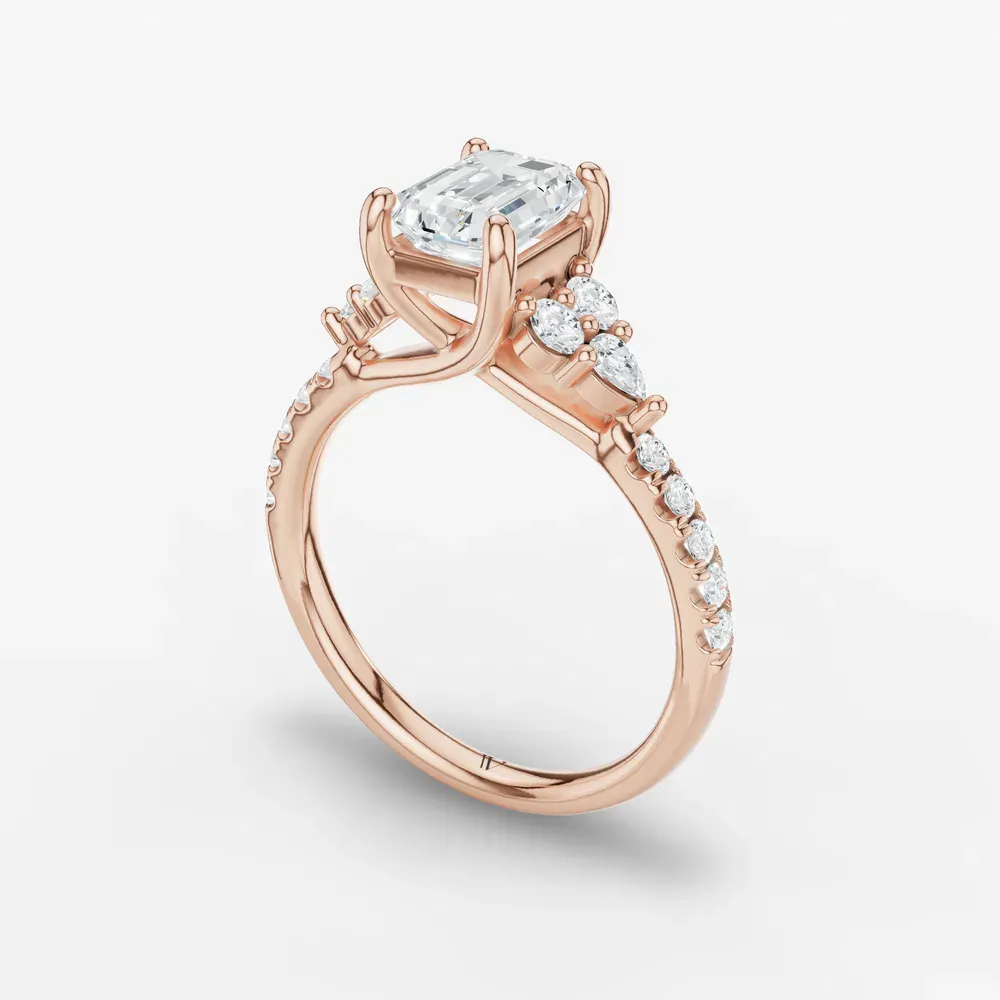 Certified 1 carat Lab Grown Diamond Emerald Cut Pavé, Side Stone Engagement Ring in 14K Rose Gold-Tarne