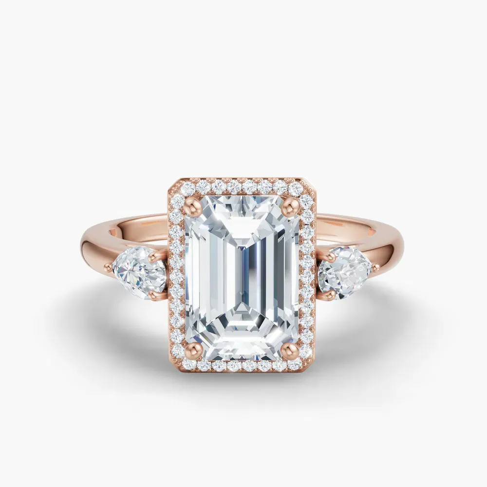 Certified 1 carat Lab Grown Diamond Emerald Cut Halo, Cathedral, Three Stone Engagement Ring in 14K Rose Gold-Daren