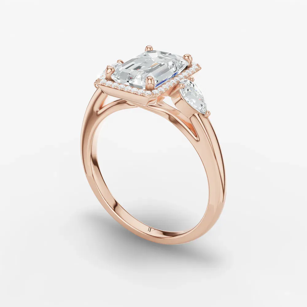 Certified 1 carat Lab Grown Diamond Emerald Cut Halo, Cathedral, Three Stone Engagement Ring in 14K Rose Gold-Daren