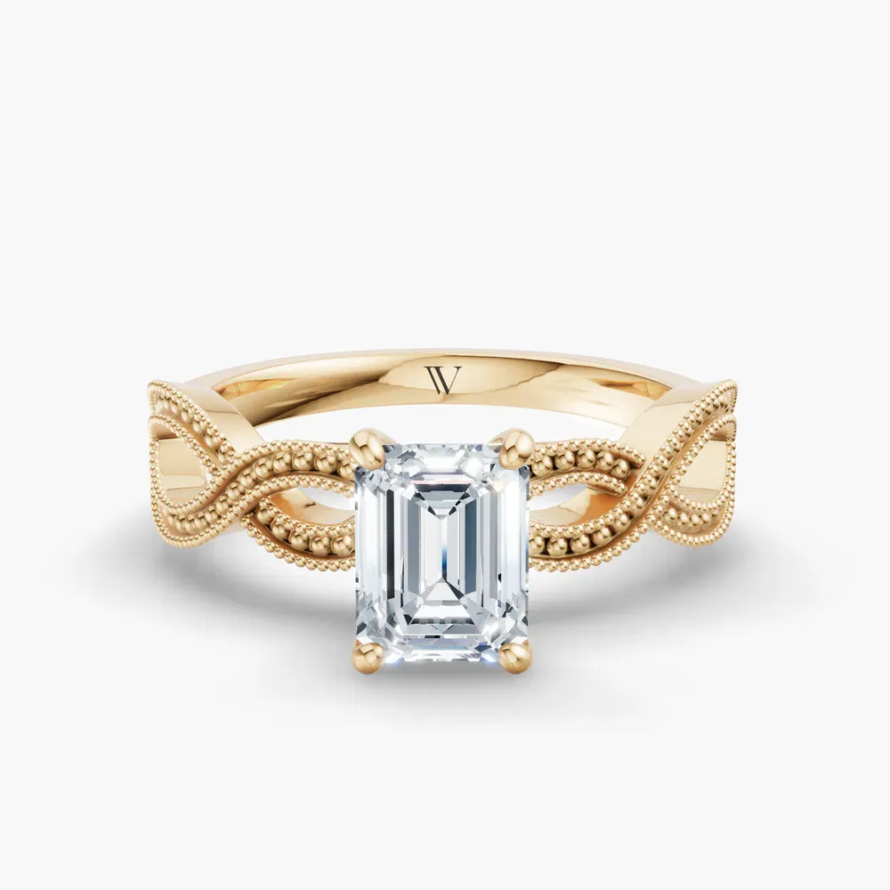 Certified 1 carat Lab Grown Diamond Emerald Cut Solitaire, Vintage, Unique Engagement Ring in 14K Yellow Gold-Niva