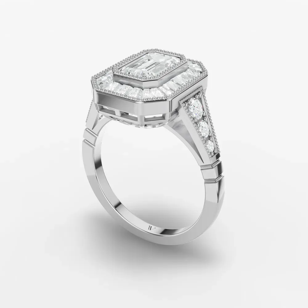 Certified 1 carat Lab Grown Diamond Emerald Cut Art Deco, Baguette, Milgrain Engagement Ring in 14K White Gold-Luxen
