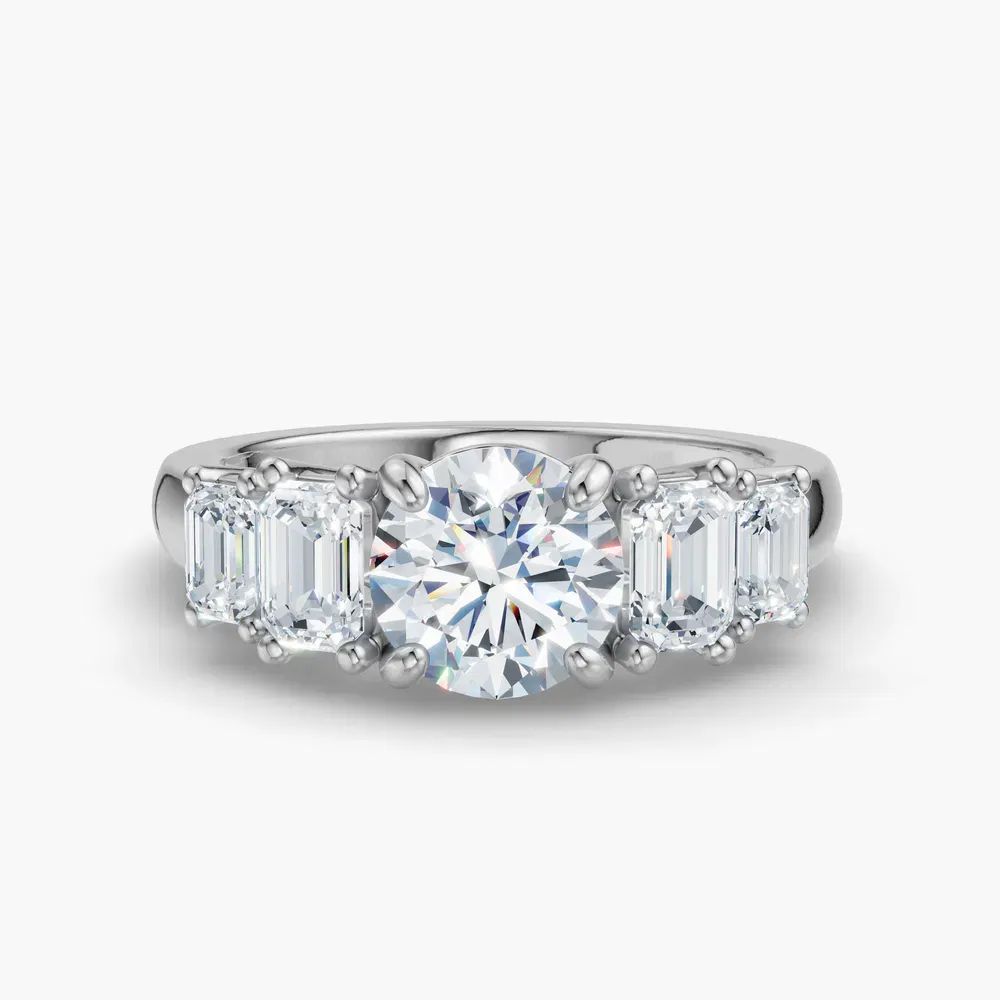 Certified 1 carat Lab Grown Diamond Round Cut Five Stone, Four Prong, Side Stone Engagement Ring in 14K White Gold-Osvh