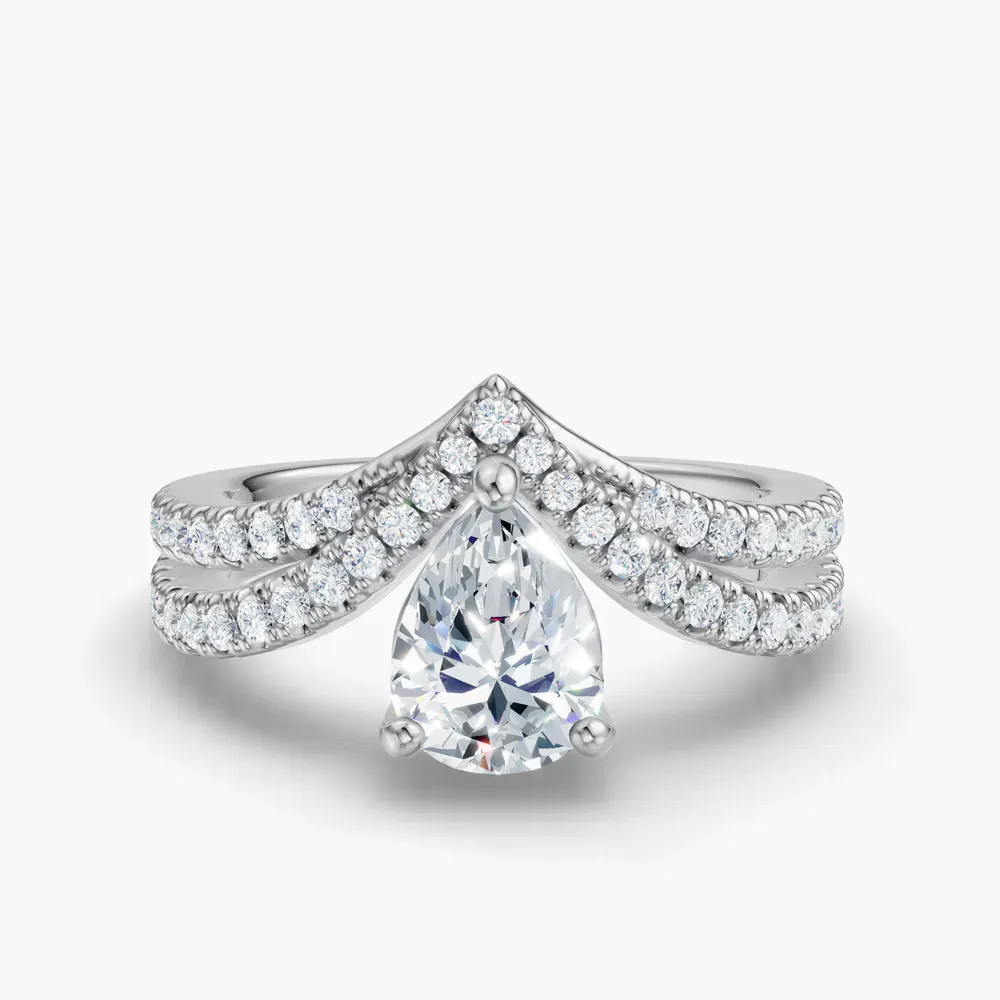 Certified 1 carat Lab Grown Diamond Pear Cut Pavé, Unique, Floating Engagement Ring in 14K White Gold-Soli