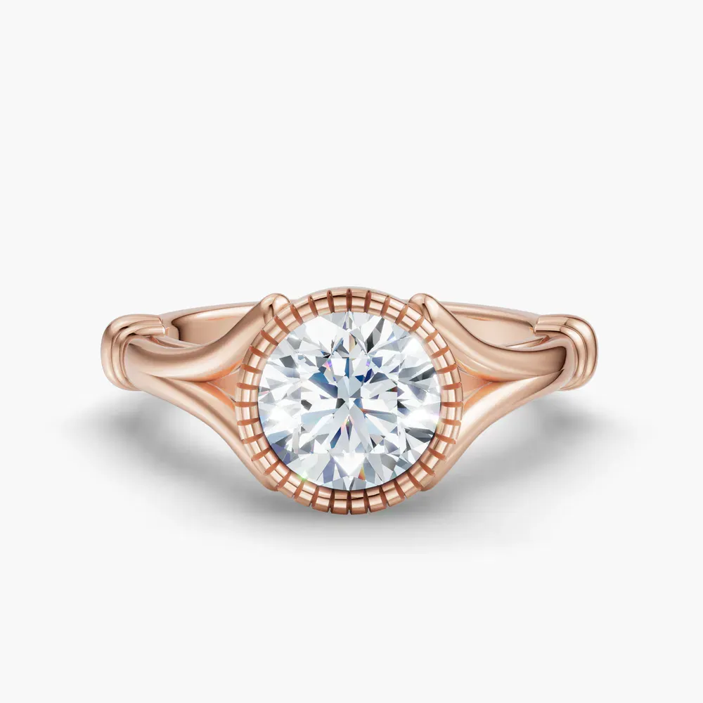 Certified 1 carat Lab Grown Diamond Round Cut Solitaire, Split Shank, Bezel Engagement Ring in 14K Rose Gold-Nerea