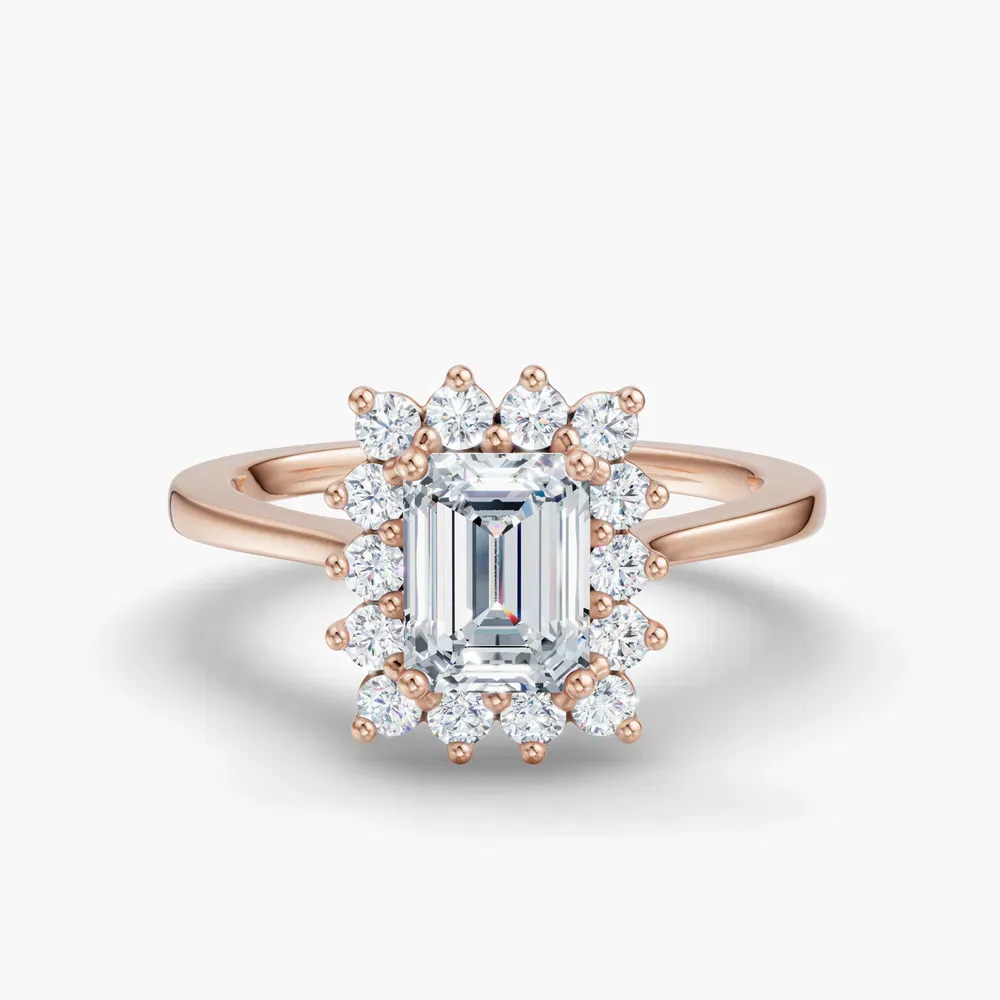 Certified 1 carat Lab Grown Diamond Emerald Cut Cathedral, Halo, Floral Engagement Ring in 14K Rose Gold-Juncb
