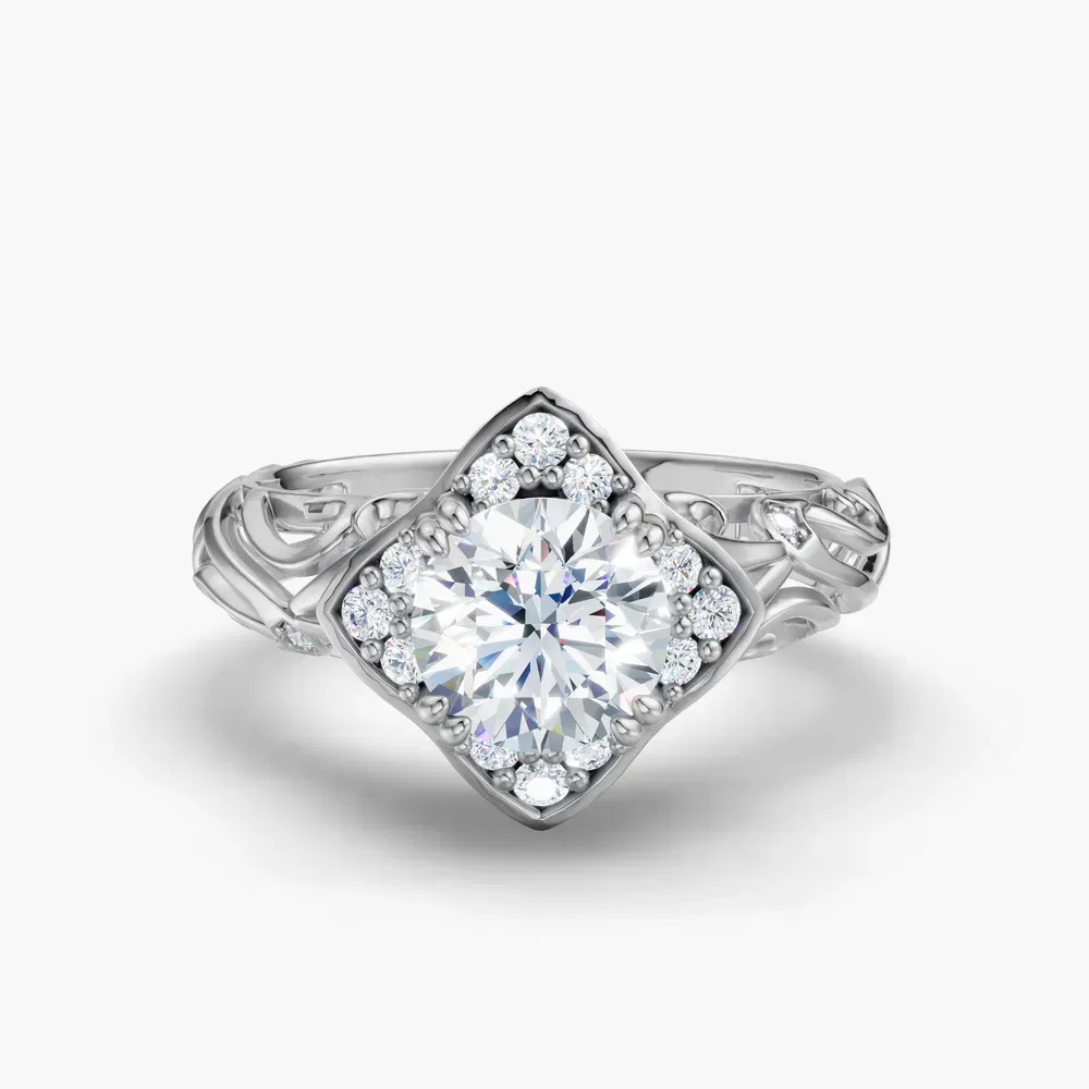 Certified 1 carat Lab Grown Diamond Round Cut Halo, Unique, Twist Engagement Ring in 14K White Gold-Larimar