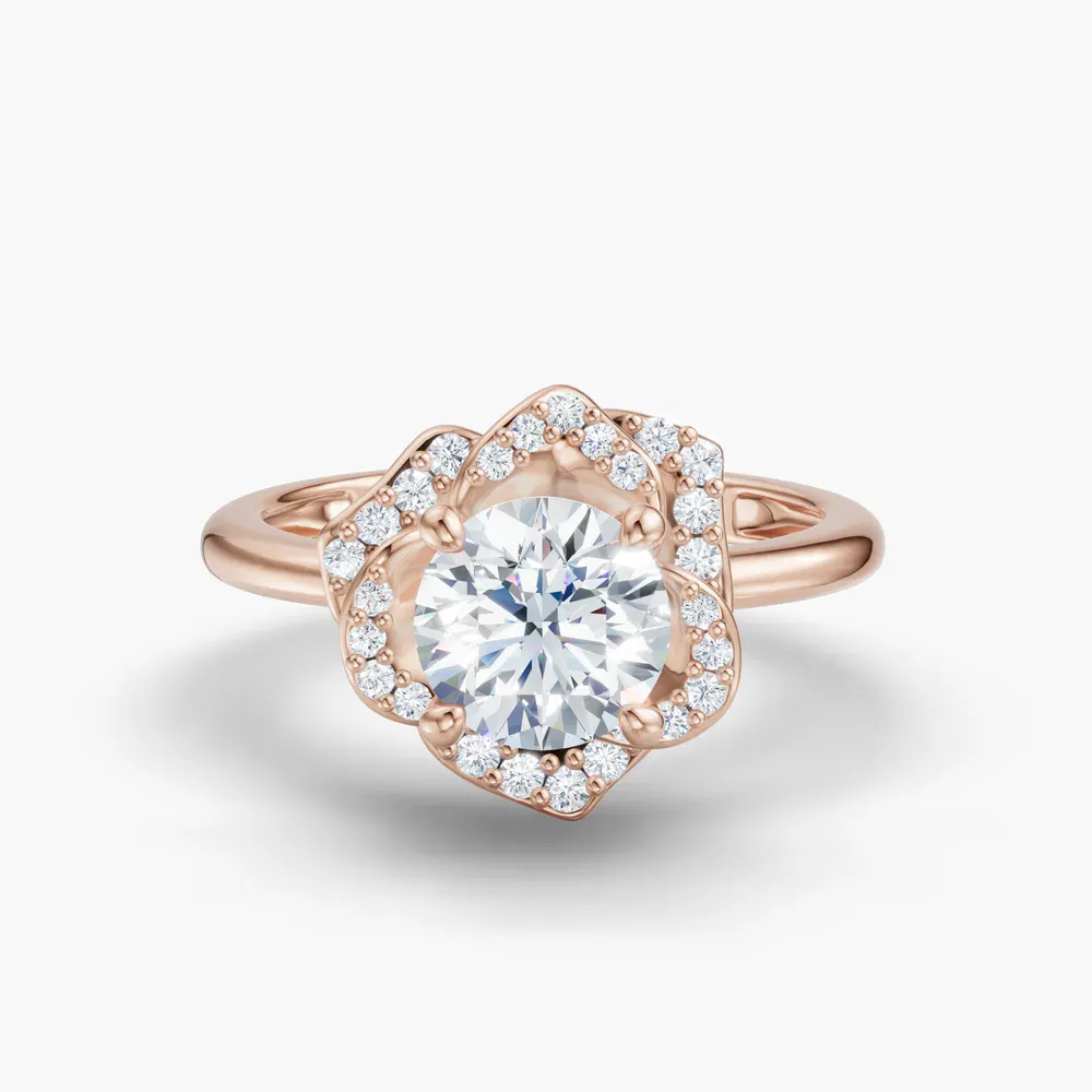 Certified 1 carat Lab Grown Diamond Round Cut Floral, Halo, Four Prong Engagement Ring in 14K Rose Gold-Brook
