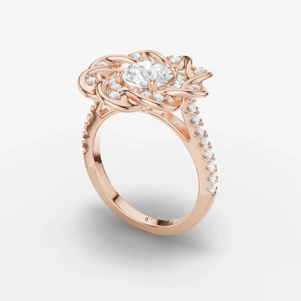 Certified 1 carat Lab Grown Diamond Round Cut Floral, Double halo, Twist Engagement Ring in 14K Rose Gold-Pebble