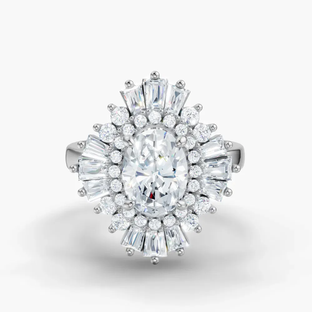 Certified 1.5 carat Lab Grown Diamond Oval Cut Double halo, Baguette, Floral Engagement Ring in 14K White Gold-Dawn