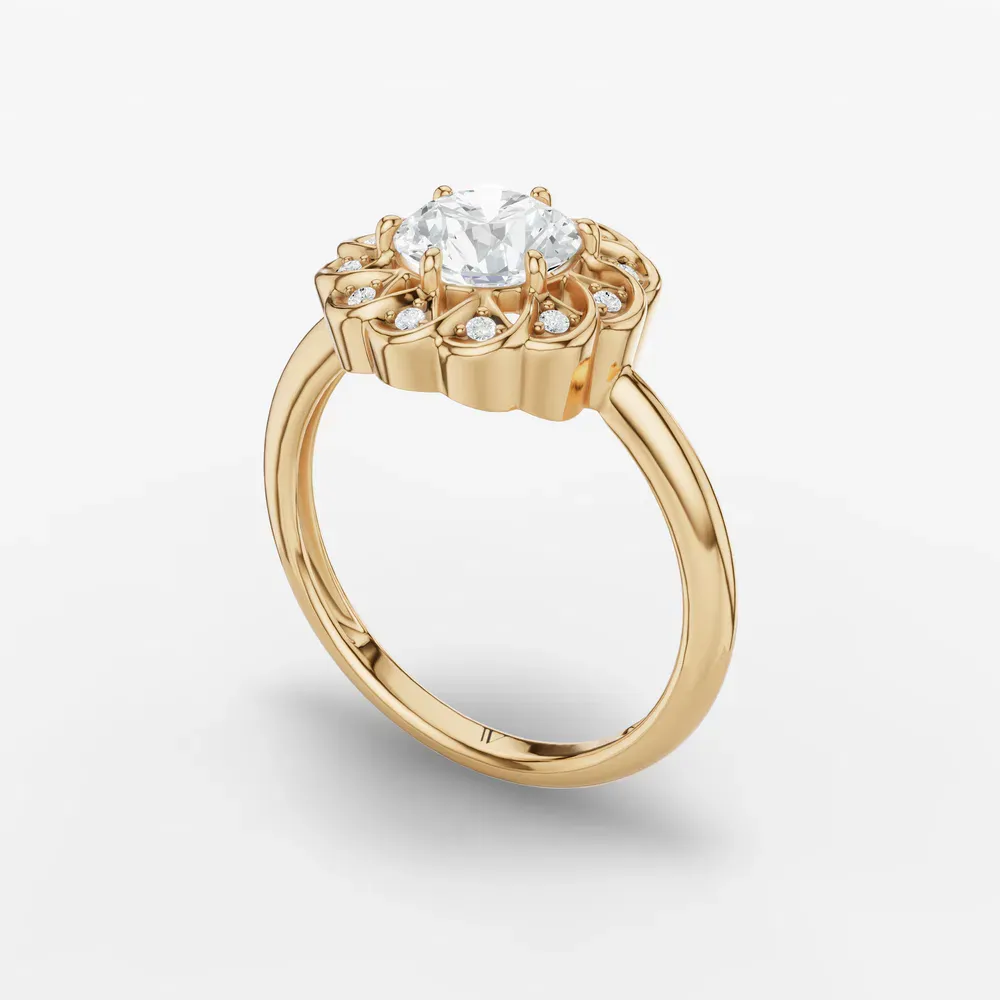 Certified 1 carat Lab Grown Diamond Round Cut Floral, Nature inspired, Six Prong Engagement Ring in 14K Yellow Gold-Gleam