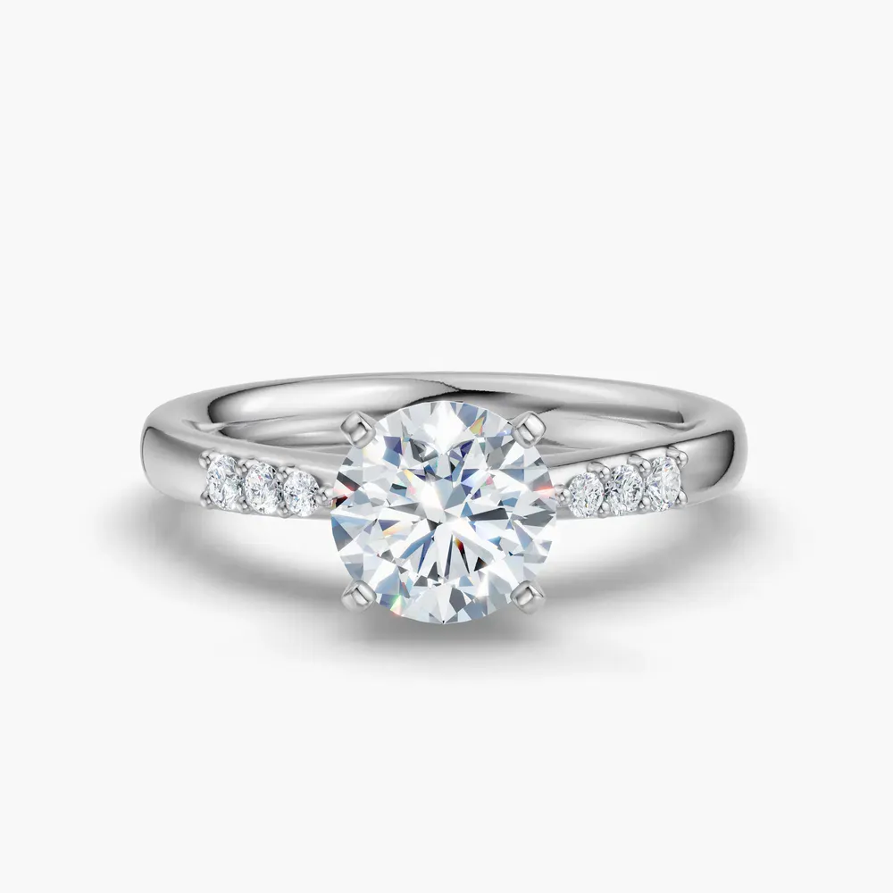 Certified 1 carat Lab Grown Diamond Round Cut Four Prong, Side Stone Engagement Ring in 14K White Gold-Jubatu