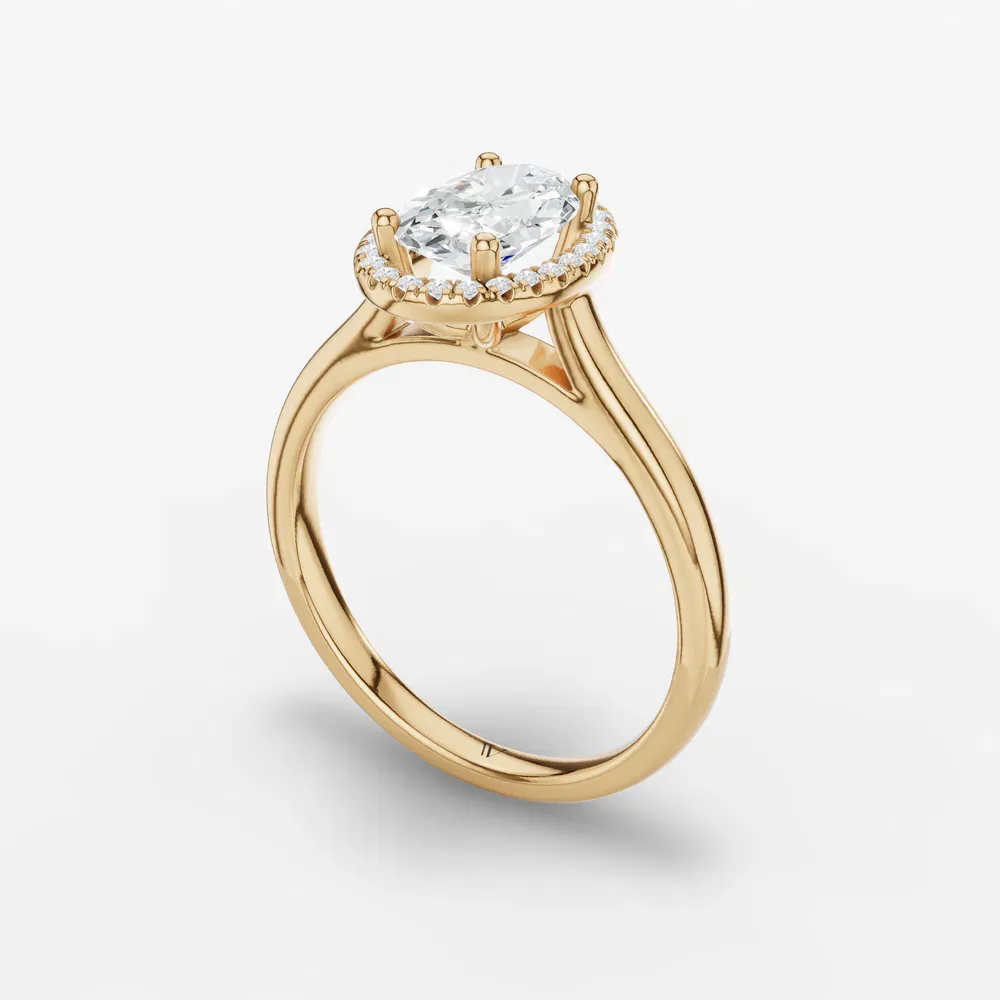 Certified 1 carat Lab Grown Diamond Oval Cut Halo, Cathedral Engagement Ring in 14K Yellow Gold-Pejr