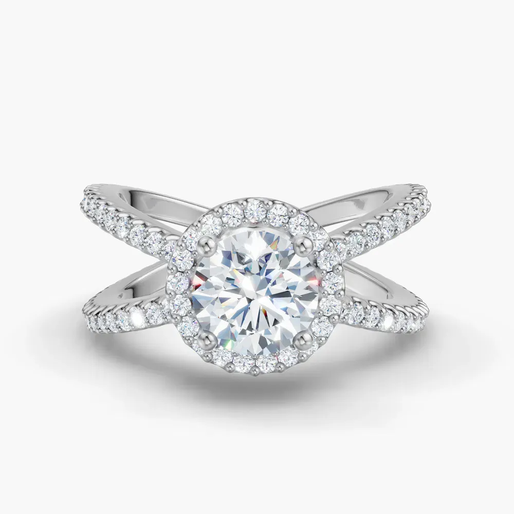 Certified 1 carat Lab Grown Diamond Round Cut Pavé, Halo, Split Shank Engagement Ring in 14K White Gold-Xylius