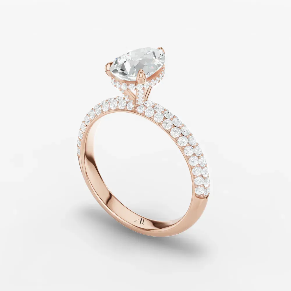 Certified 1 carat Lab Grown Diamond Pear Cut Pavé, Hidden Halo Engagement Ring in 18K Rose Gold-Lyre