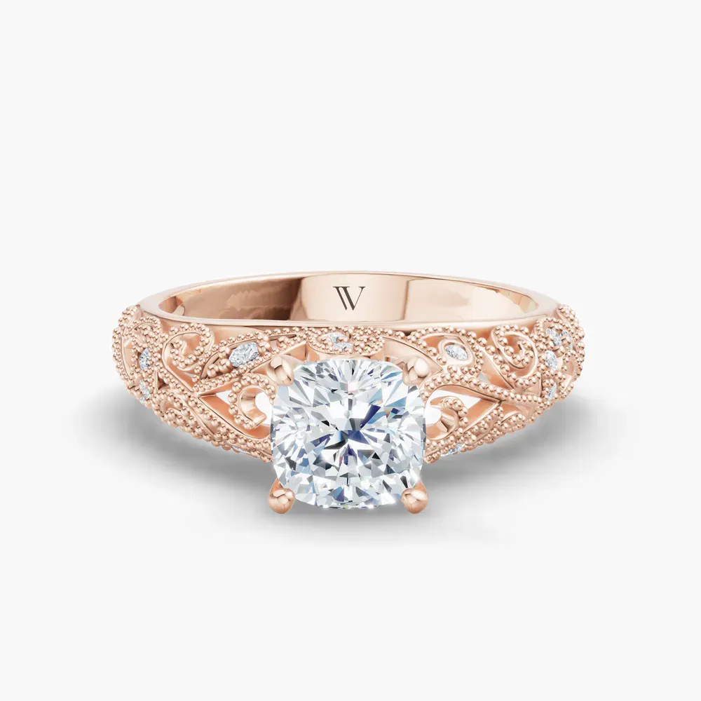 Certified 1 carat Lab Grown Diamond Cushion Cut Vintage, Milgrain, Filigree Engagement Ring in 18K Rose Gold-Jaxen