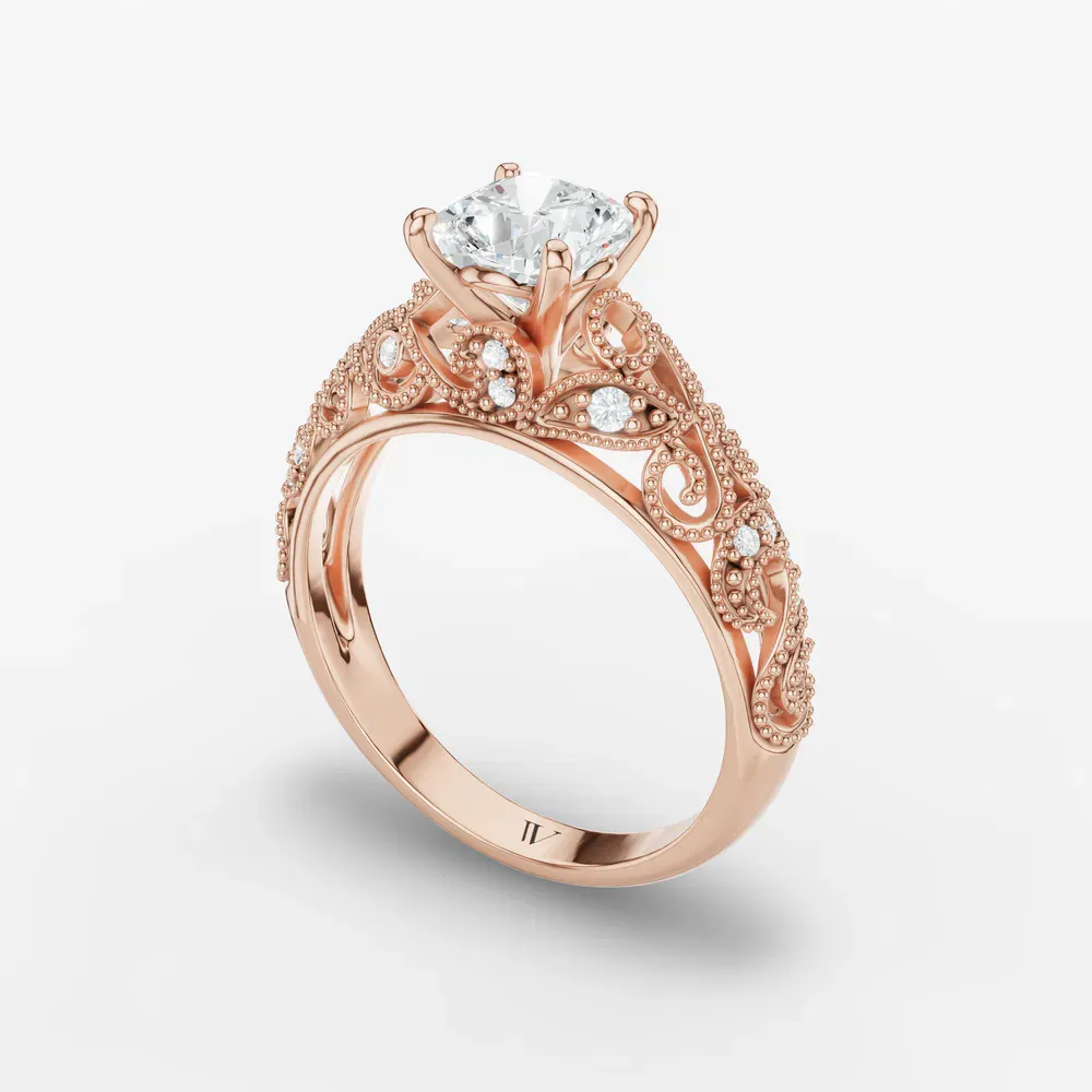 Certified 1 carat Lab Grown Diamond Cushion Cut Vintage, Milgrain, Filigree Engagement Ring in 18K Rose Gold-Jaxen