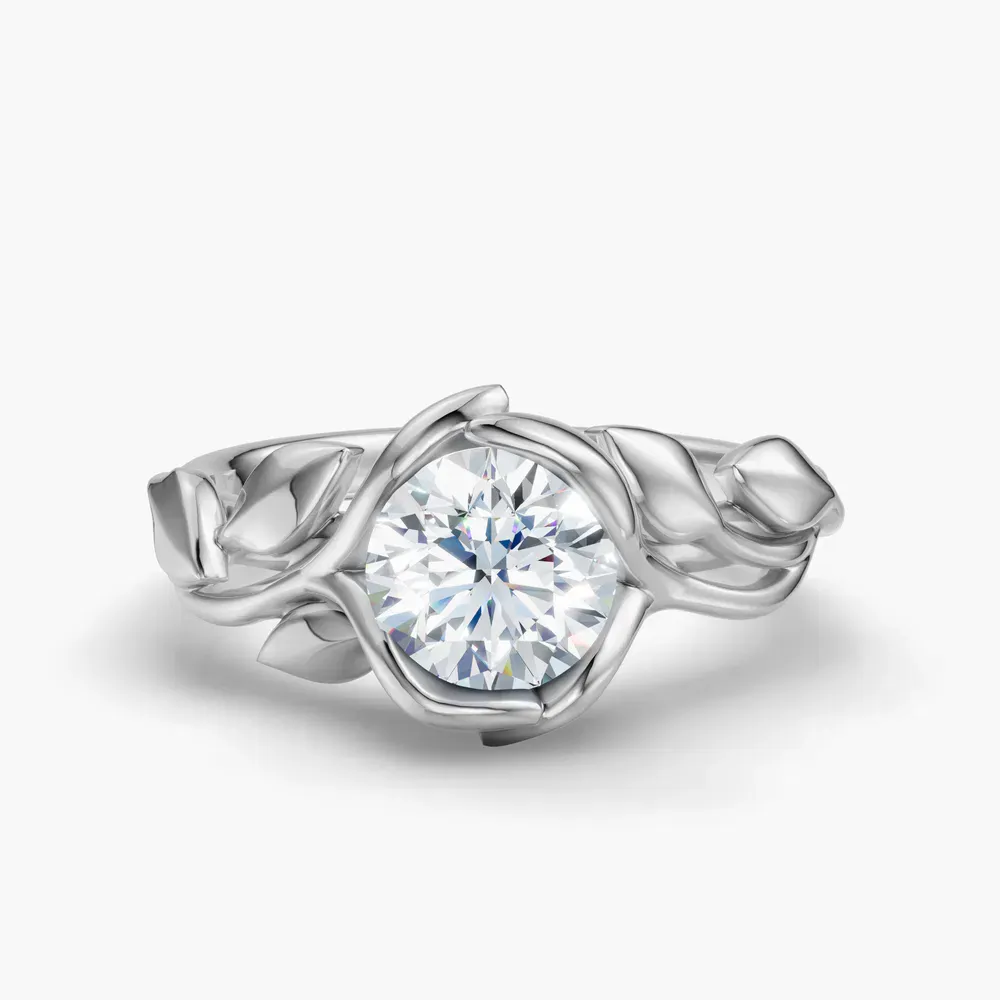 Certified 1 carat Lab Grown Diamond Round Cut Solitaire, Nature inspired, Unique Engagement Ring in 14K White Gold-Evelyn