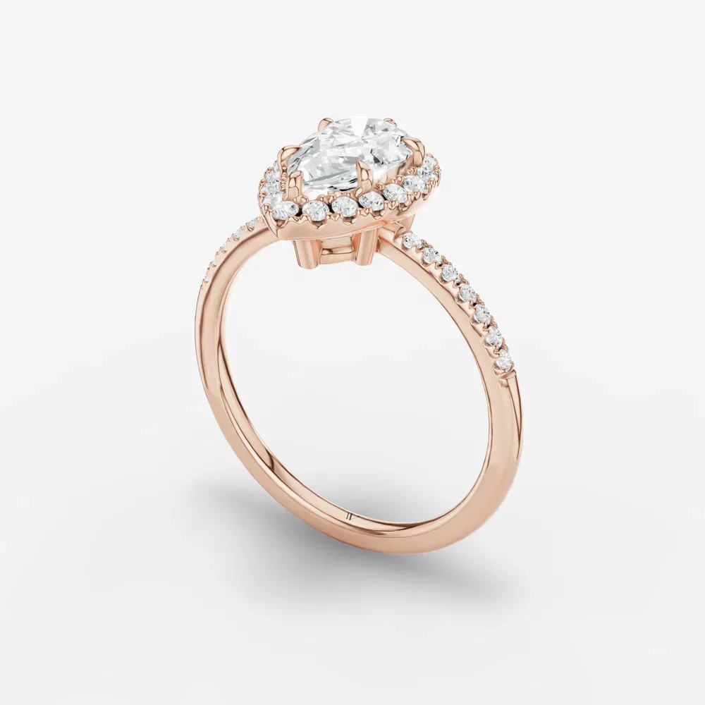 Certified 1 carat Lab Grown Diamond Pear Cut Halo, Pavé, Classic Engagement Ring in 14K Rose Gold-Elite Vaelumette