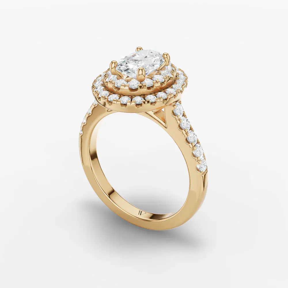 Certified 1 carat Lab Grown Diamond Oval Cut Halo, Pavé, Double halo Engagement Ring in 14K Yellow Gold-Brexa