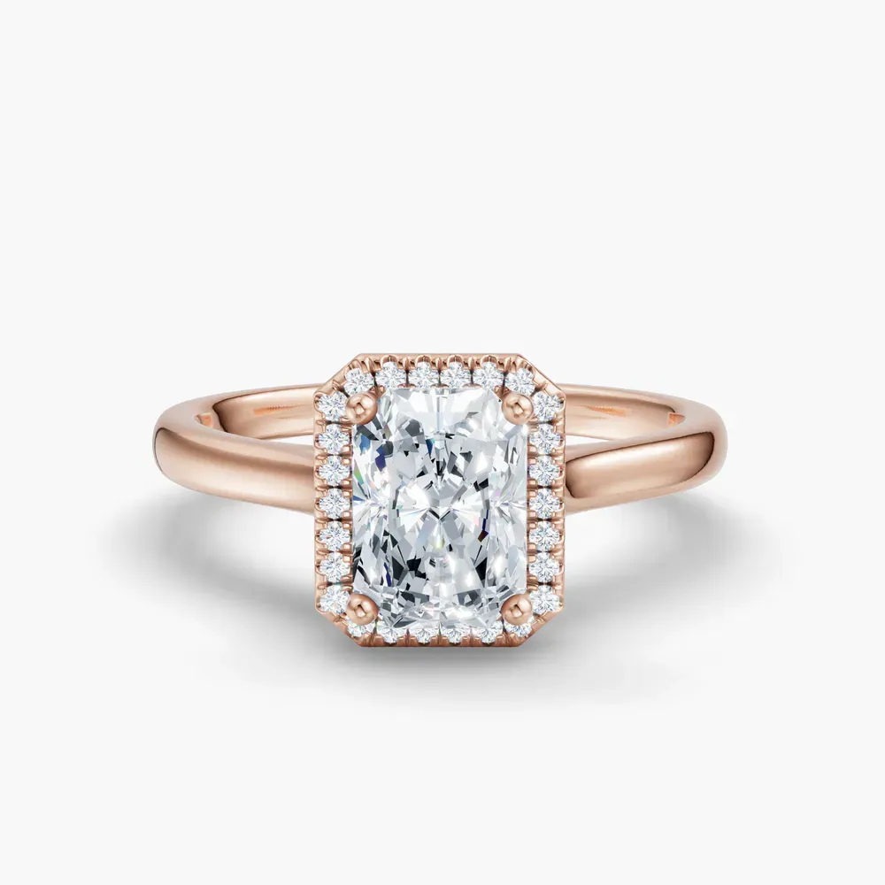 Certified 1 carat Lab Grown Diamond Radiant Cut Halo, Cathedral Engagement Ring in 14K Rose Gold-Pejr