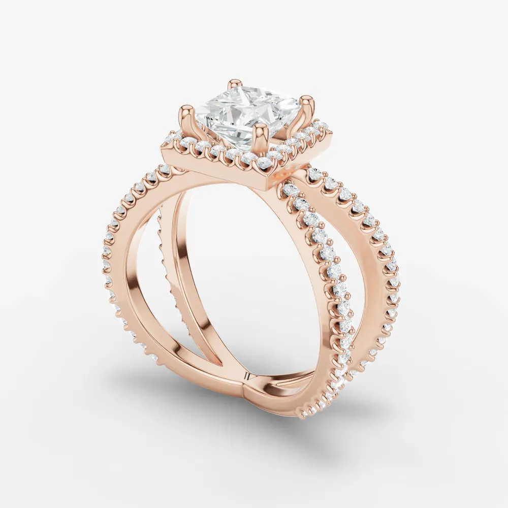 Certified 1 carat Lab Grown Diamond Princess Cut Pavé, Halo, Split Shank Engagement Ring in 14K Rose Gold-Xylius