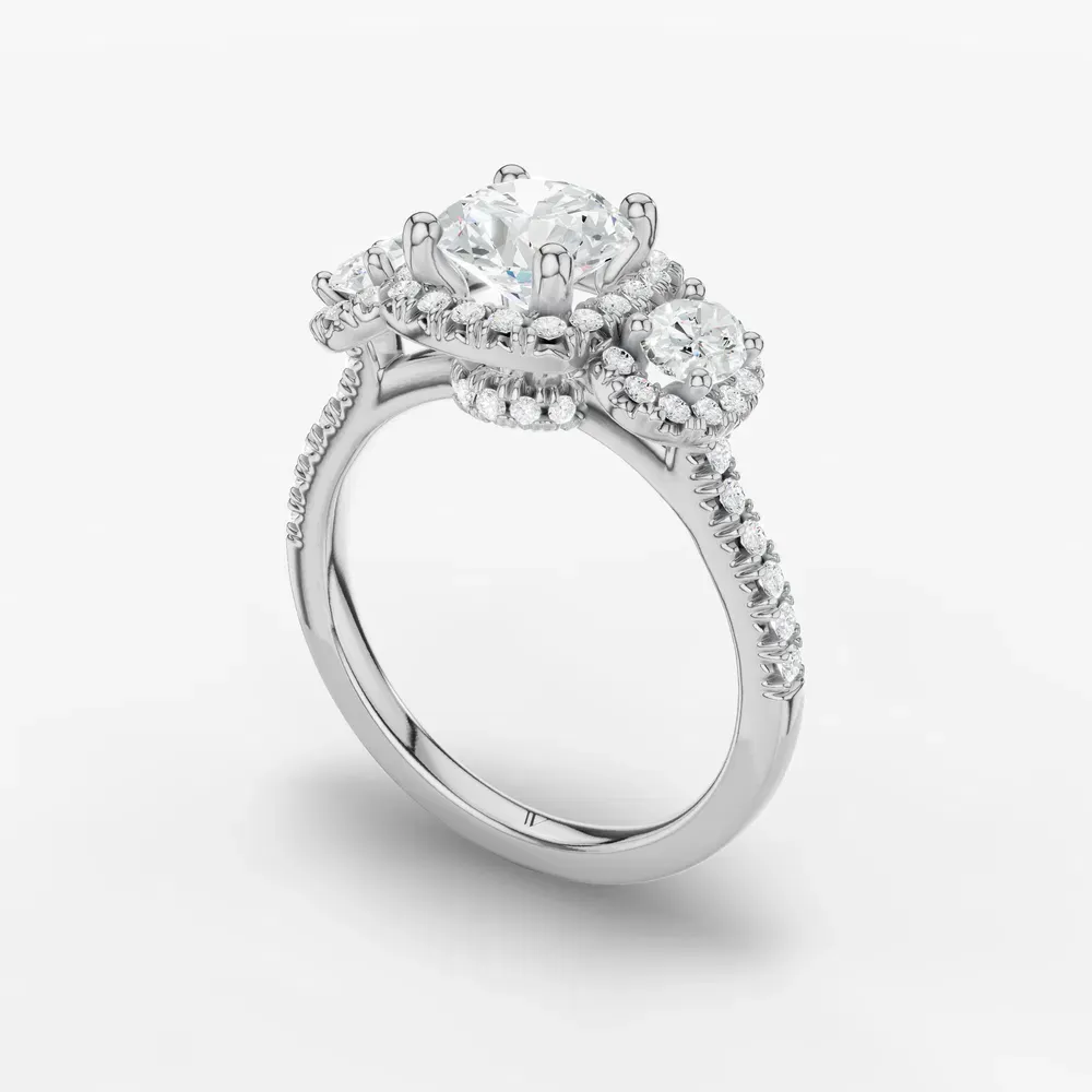 Certified 1 carat Lab Grown Diamond Round Cut Pavé, Three Stone, Halo Engagement Ring in 14K White Gold-Norell