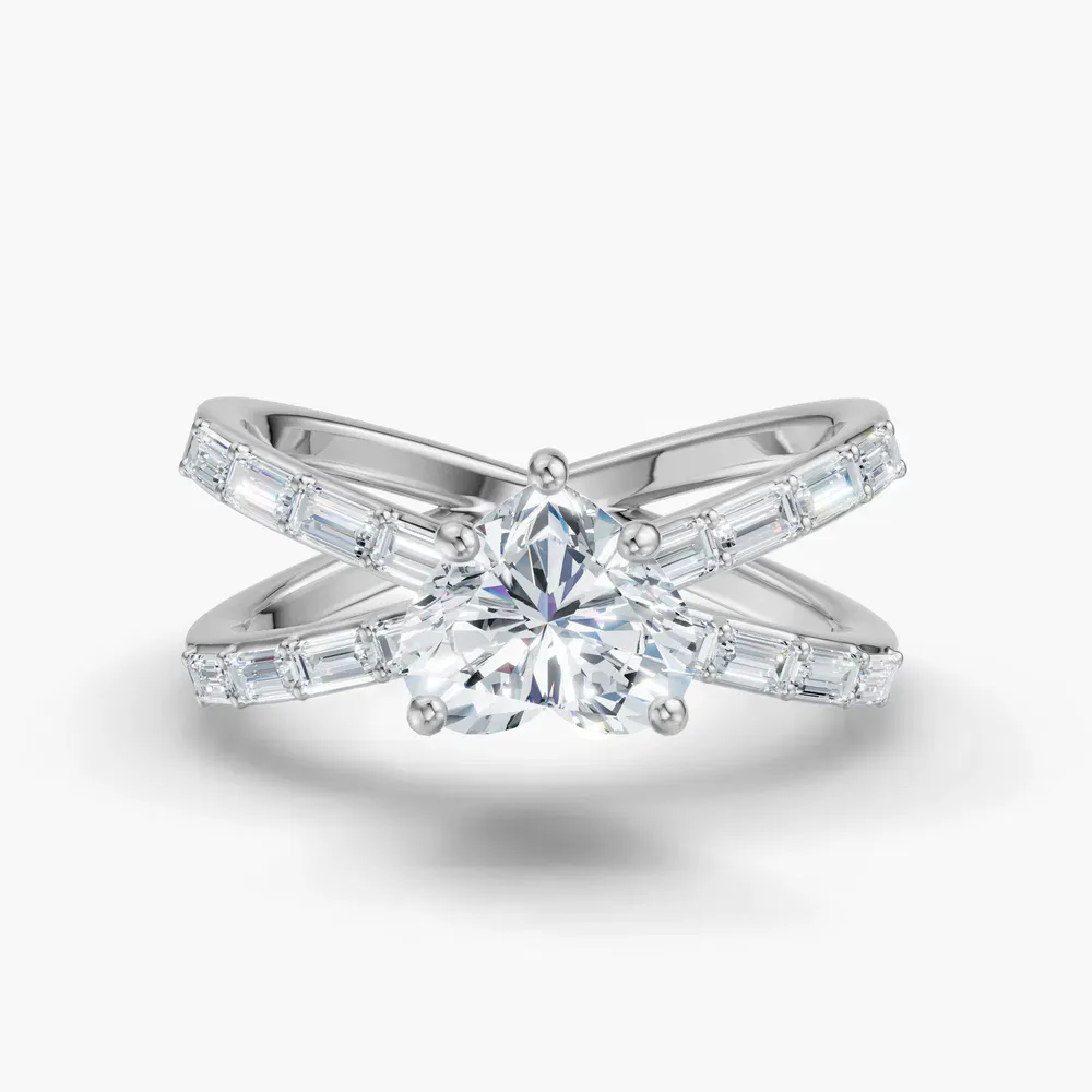 Certified 1 carat Lab Grown Diamond Heart Cut Baguette, Unique, Split Shank Engagement Ring in 14K White Gold-Luminara