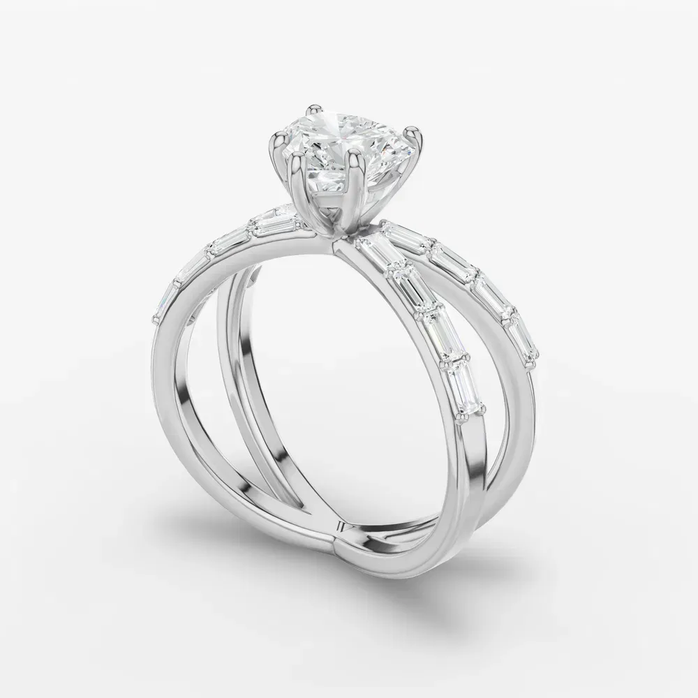 Certified 1 carat Lab Grown Diamond Heart Cut Baguette, Unique, Split Shank Engagement Ring in 14K White Gold-Luminara