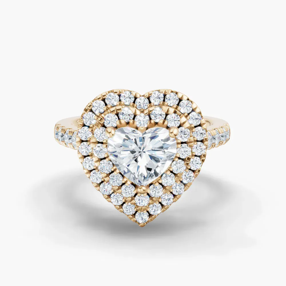Certified 1 carat Lab Grown Diamond Heart Cut Halo, Pavé, Double halo Engagement Ring in 14K Yellow Gold-Brexa