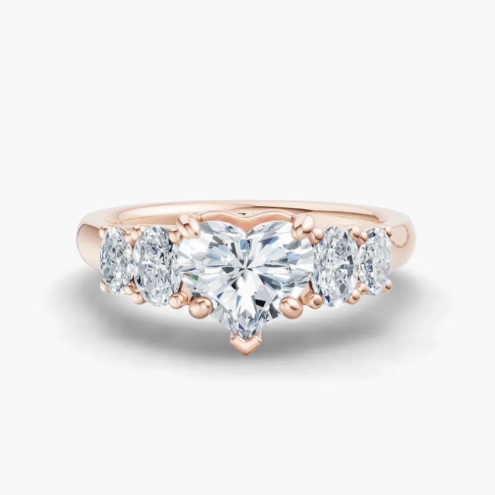 Certified 1 carat Lab Grown Diamond Heart Cut Five Stone, Side Stone Engagement Ring in 14K Rose Gold-Elyx