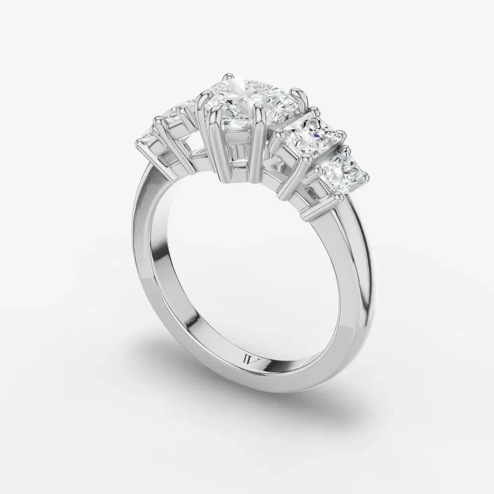 Certified 1 carat Lab Grown Diamond Heart Cut Five Stone, Side Stone Engagement Ring in 14K White Gold-Velaris